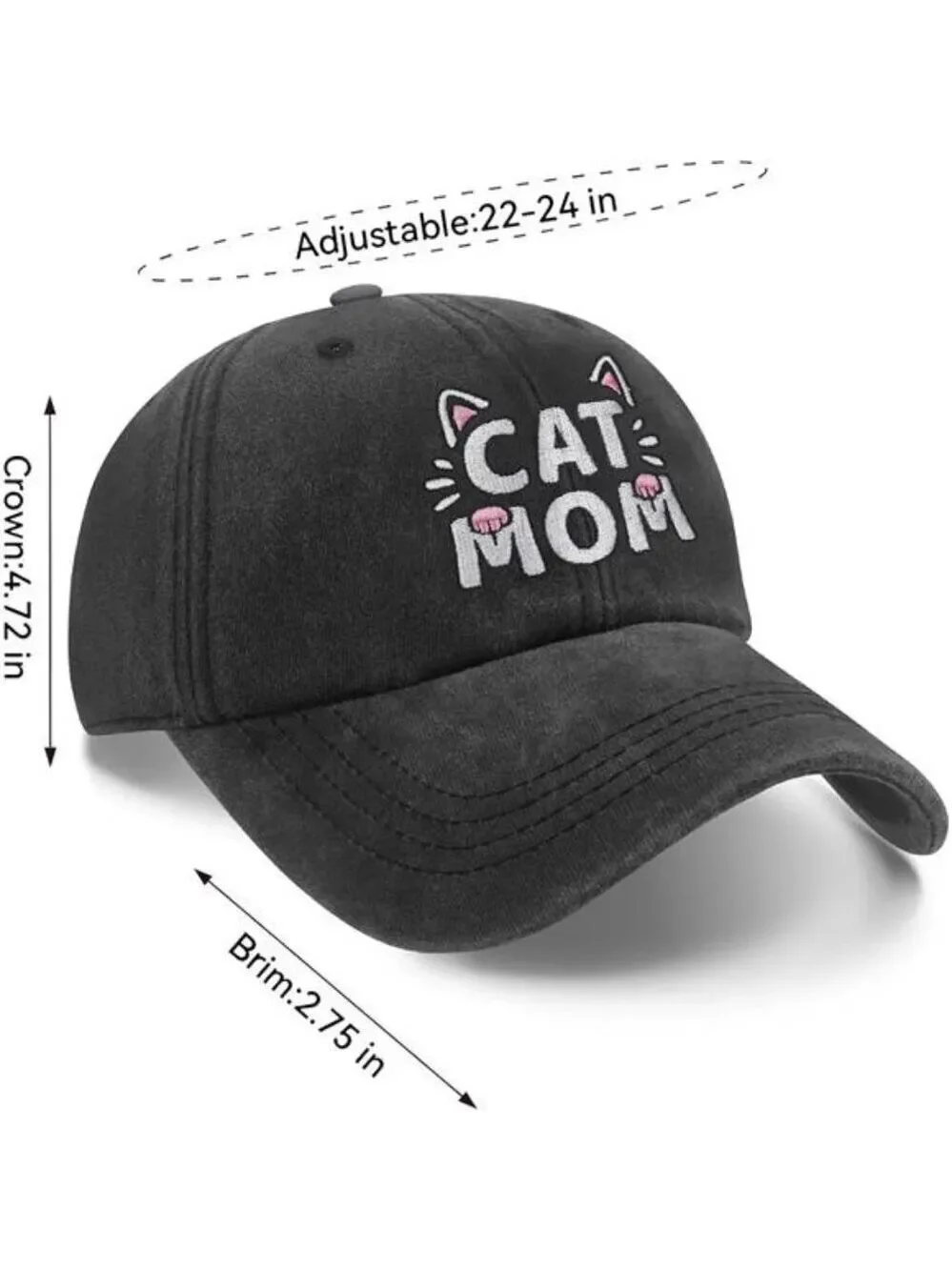 Cat Mom Hat, Cat Mom Gifts  Adjustable Size Baseball Cap Black Embroidered